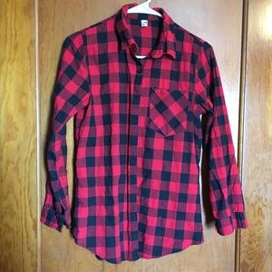 Red and black plaid button down.